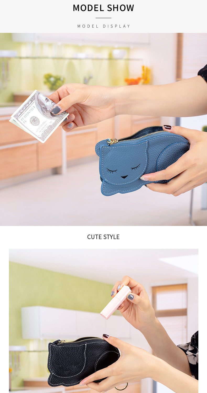 Cat Ultra-thin Coin Purse Genuine Leather Internet Celebrity Key Bag